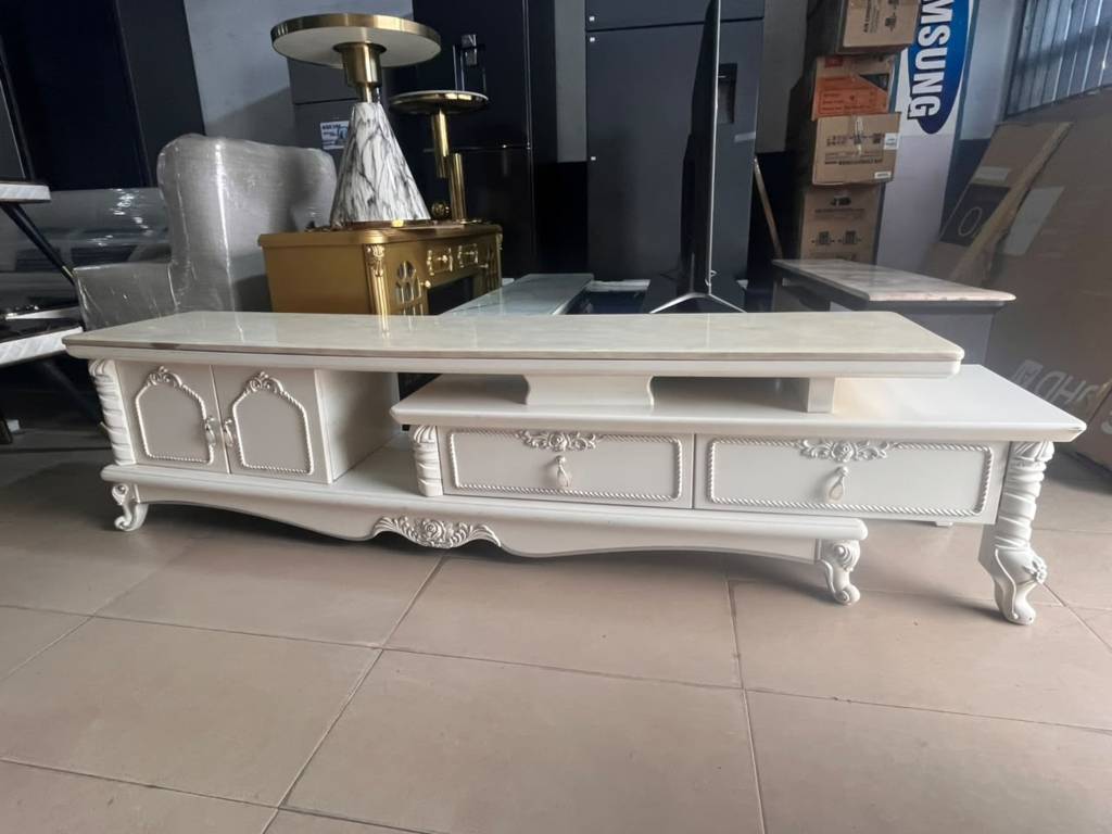 50 Victorian-Style Cream Extendable TV Console (Ornate Marble-Top Entertainment Center) - Image 1