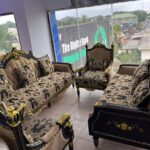 Royal Black & Gold Victorian Sofa Set with Patterned Damask Cushions